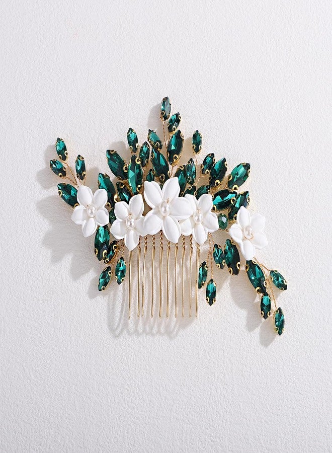 Xerling Bride Wedding Flower Green Rhinestones Hair Comb White Floral Side Comb Hair Piece Headpiece Bridal Head Jewelry Accessories for Women (Gold Green) - Image 1